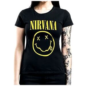 Nirvana Black and Yellow Smiley Face Logo Band Tee Graphic T-Shirt Sz M